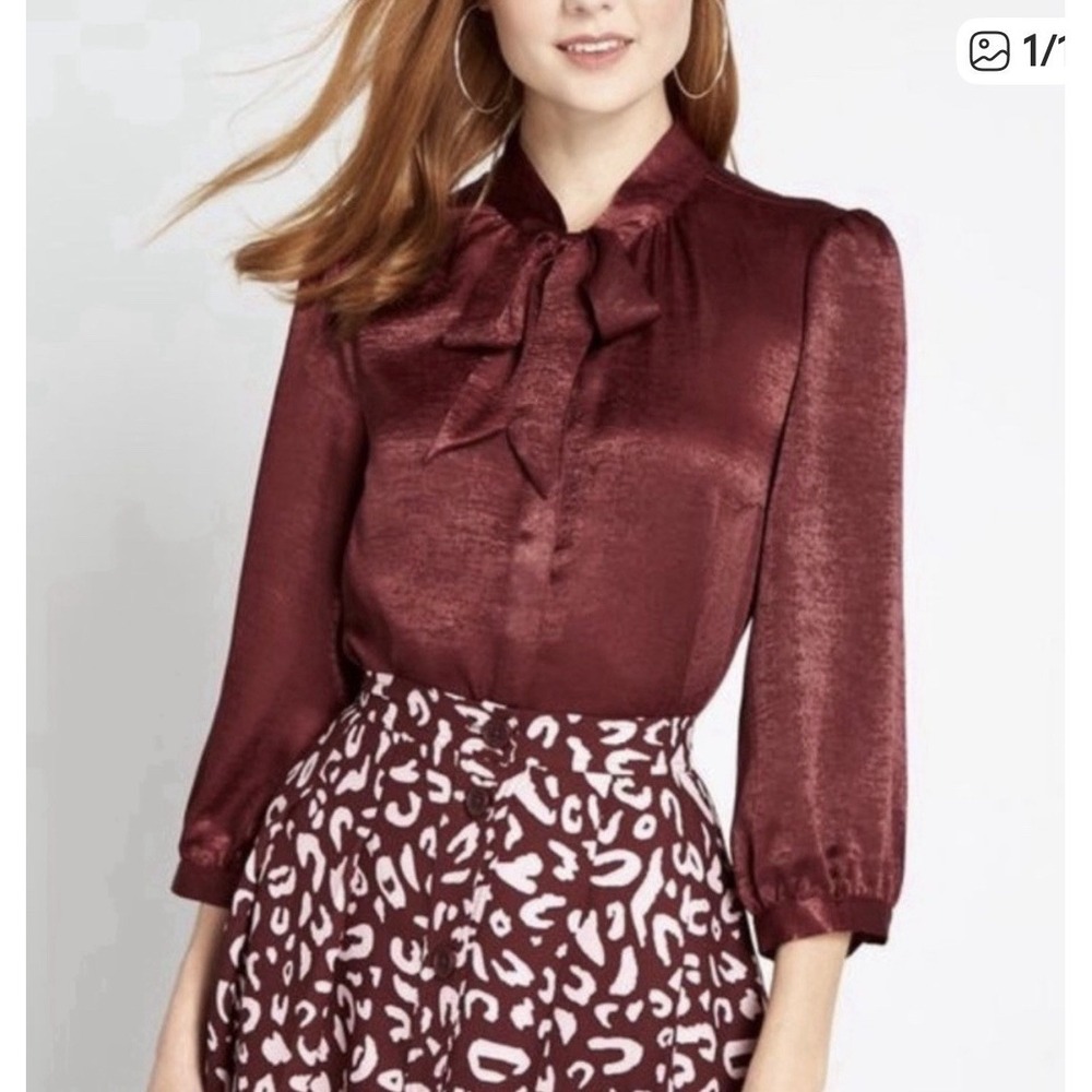 ModCloth Satin Bow Tie Blouse in Deep Burgundy